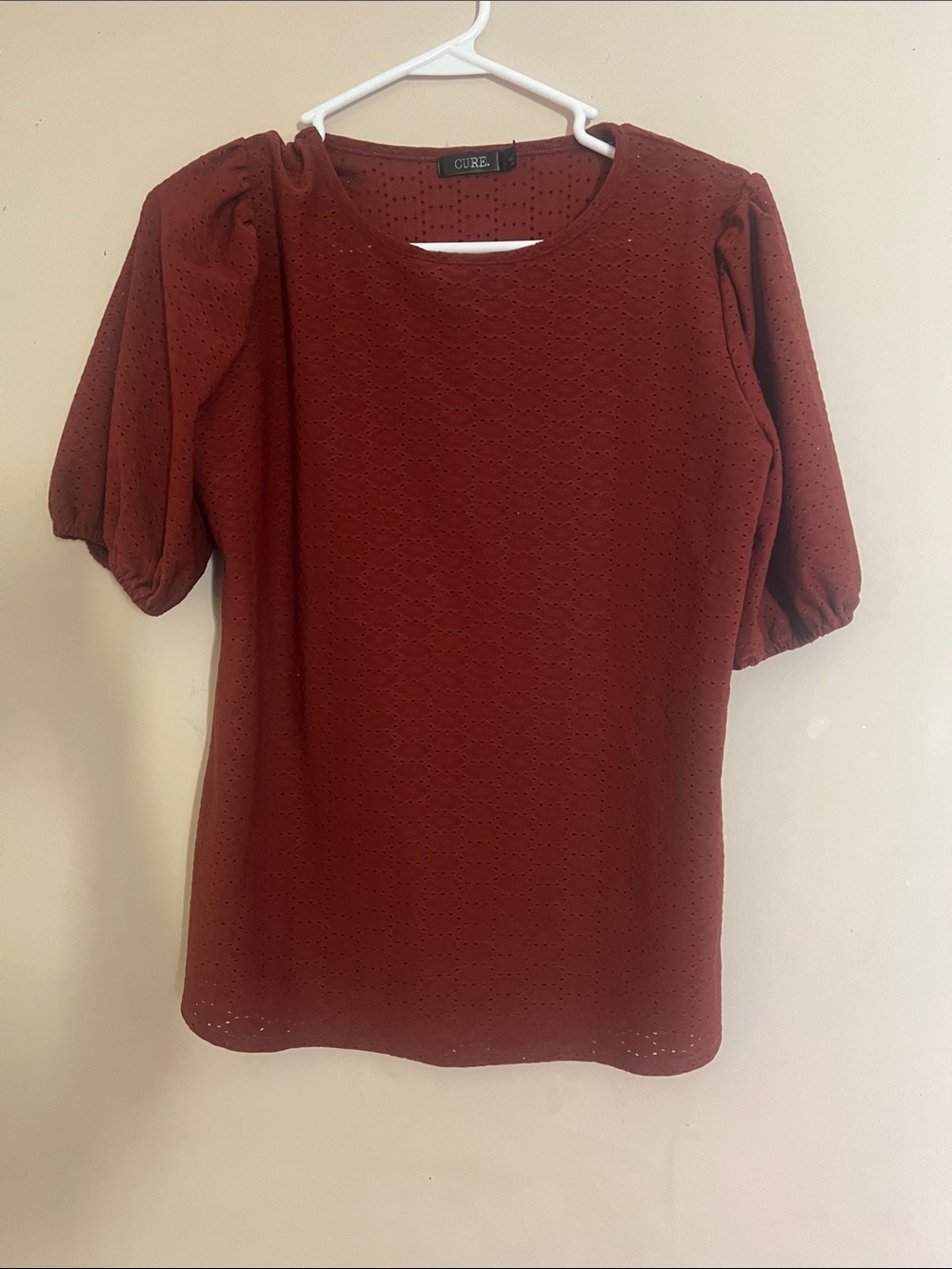 Eyelet Puff Sleeve Top - Rust Red